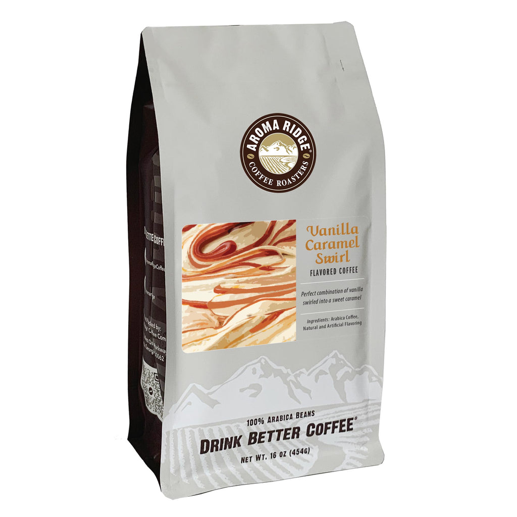 16 ounces Vanilla Caramel Swirl flavored coffee 100% Arabica beans