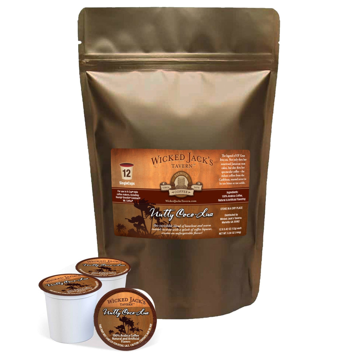 Wicked Jack's Coffee Nutty Coco-Lua, Single-Serve Pods 12 ct Medium Ro –  Aroma Ridge Coffee Roasters