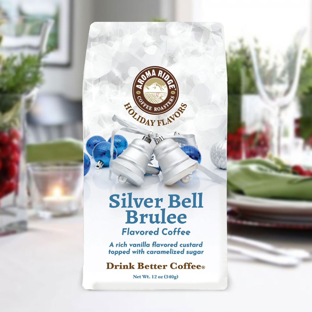 Aroma Ridge Silver Bell Brulee flavored coffee package with a festive background.