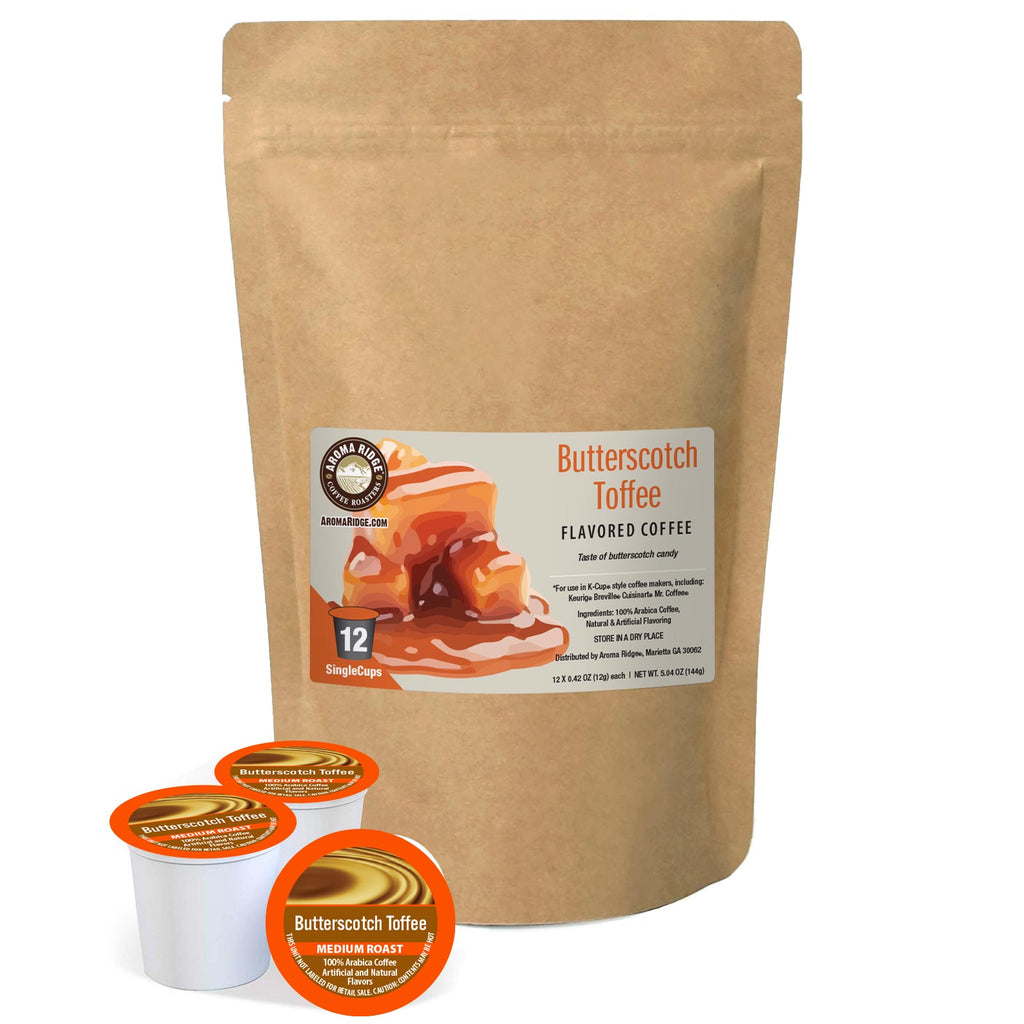 Butterscotch Toffee dessert flavored coffee in a single cup for the Keurig machine