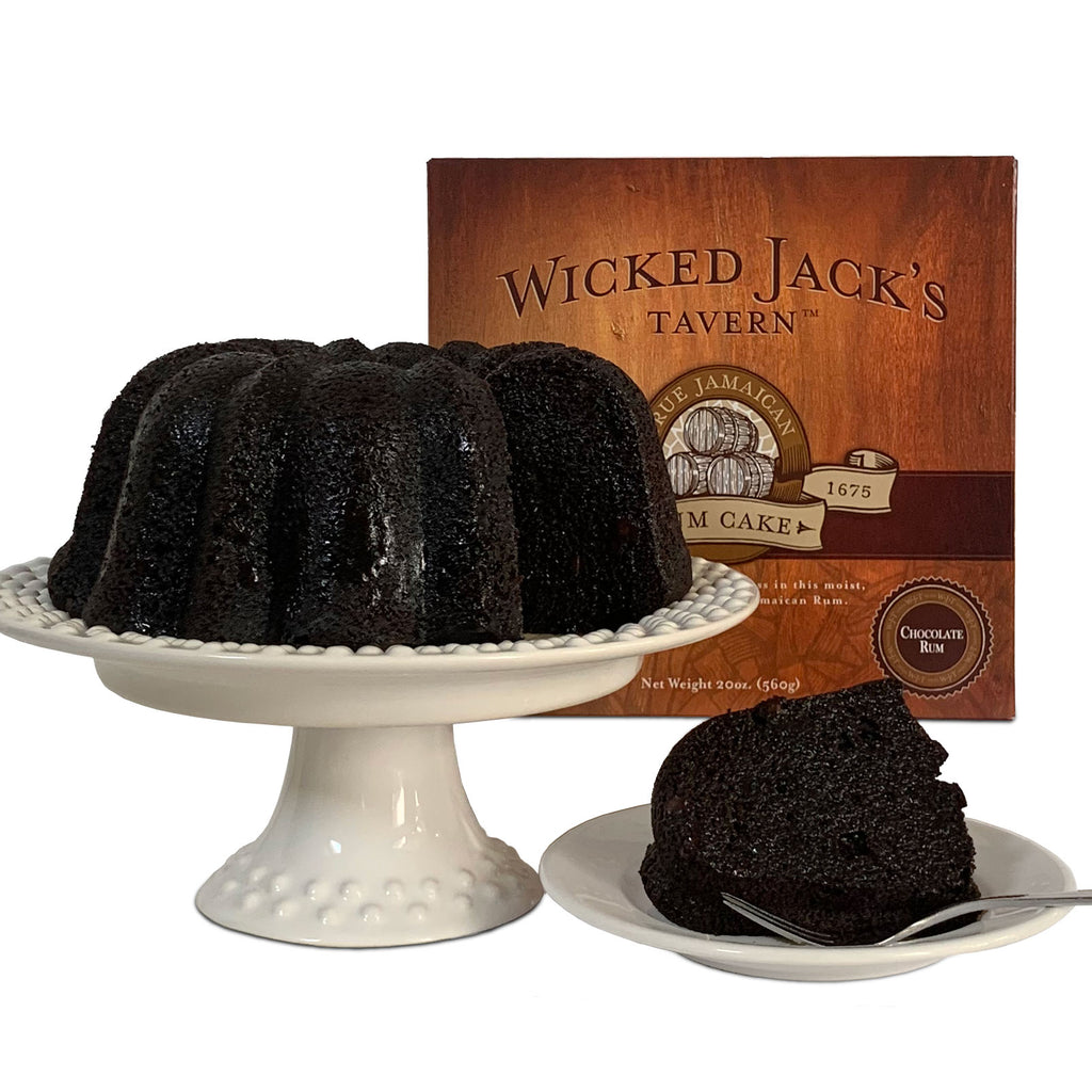 Wicked Jacks Chocolate Rum Cake, For chocolate lovers, our rich, deep chocolate cake is made with milk chocolate chips and soaked in the finest Jamaican rum… simply delicious.  BAKED IN THE USA